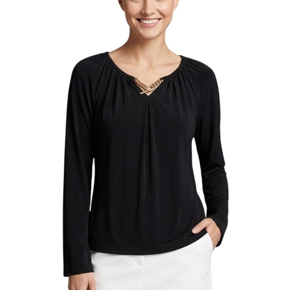 Michael Kors Gold Chain Neck Top Black Long Sleeve Women Size Medium